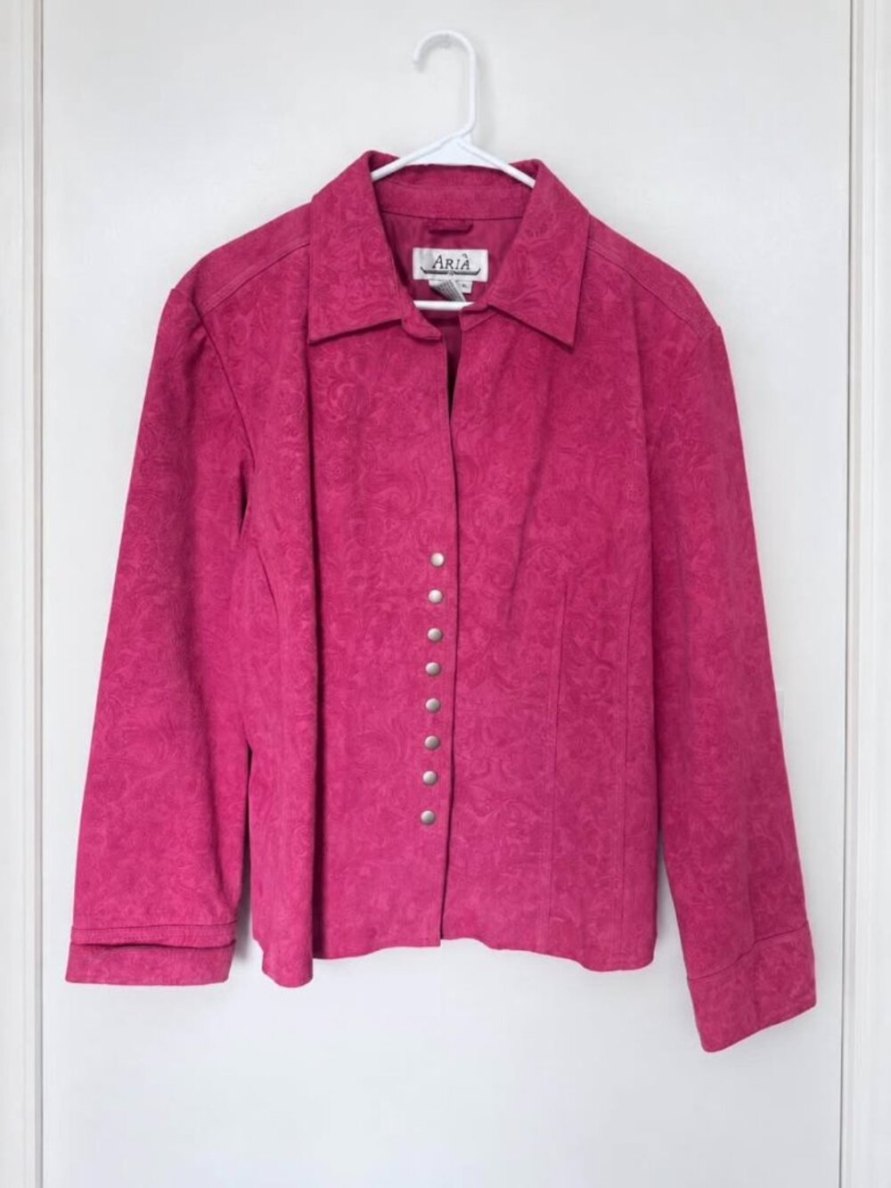 Vintage Aria Pink Embossed Genuine Suede Leather Jacket – Women’s XL
